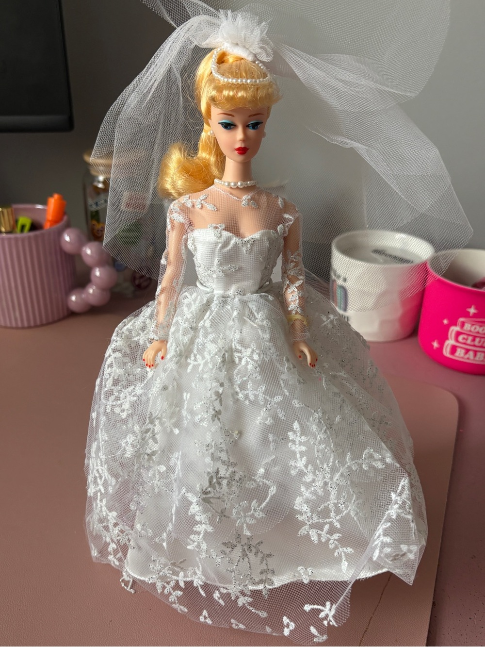 Blonde Bride Doll in White Lace Wedding Gown